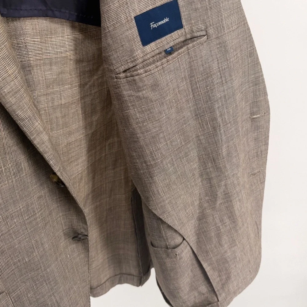 Faconnable Wool Linen Blend Plaid  Mens‎ XL Brown Unstructured Blazer 0836